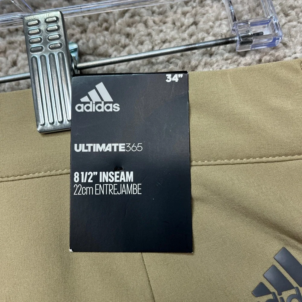 Adidas Ultimate365 Golf Shorts Men 34 Tan Stretch Waistband Primegreen 3 Stripes